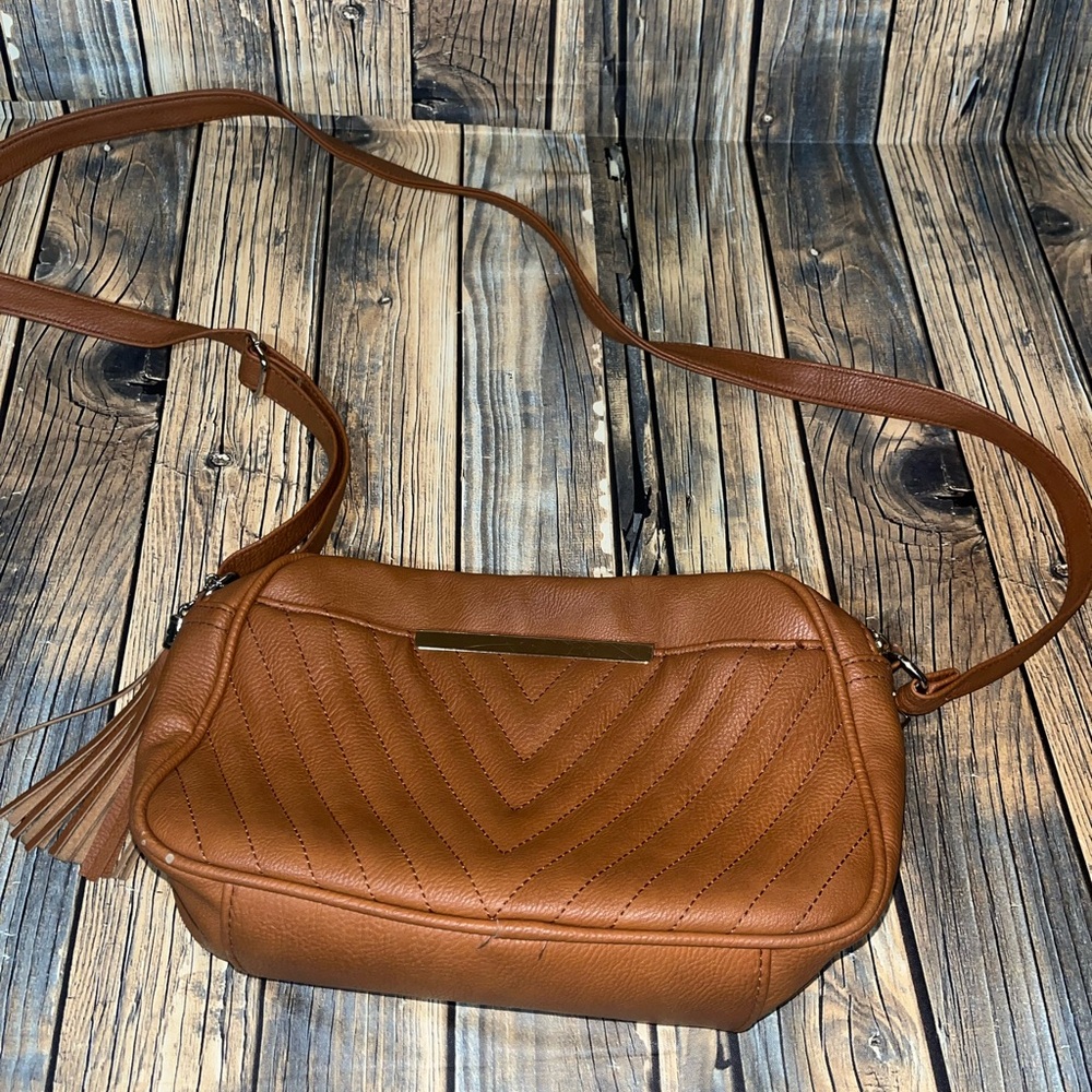 Cognac Brown Chevron Quilted Crossbody Bag Gold Hardware Tassel Accent